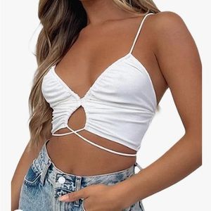 Women's White Lace Up Top Criss Cross Cut Out Ruched Tie Solid Crop Camisole